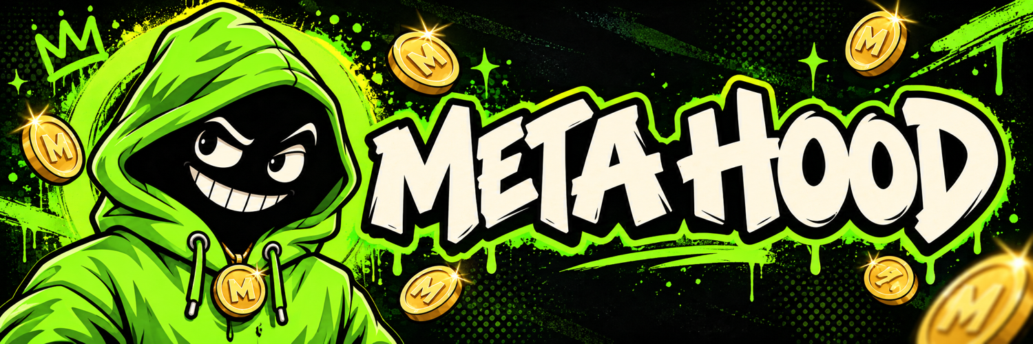 META HOOD graffiti banner with the green hooded mascot and gold coins