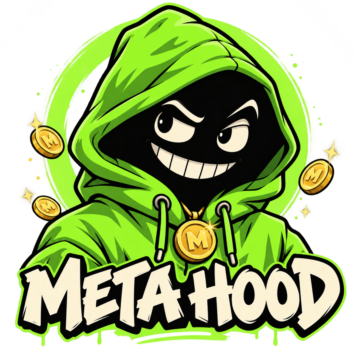 META HOOD mascot wearing a neon green hoodie, with a mischievous grin and gold M coin